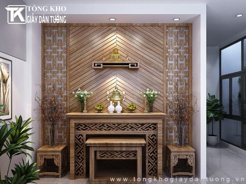 Trang trí phòng thờ ấm cúng, sang trọng cùng giấy dán tường vân gỗ