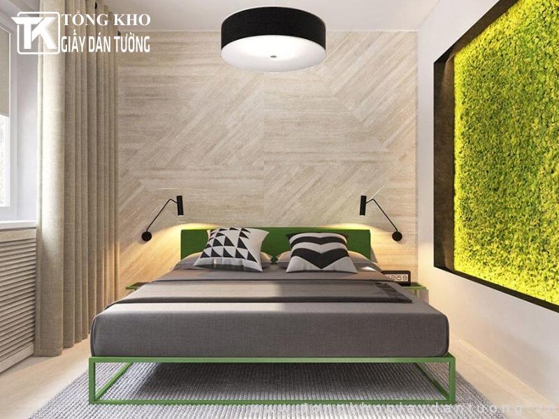 Các dòng tranh dán tường giả gỗ trang trí phòng vợ chồng cũng rất được ưa chuộng