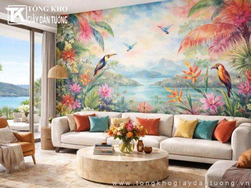 299+ mẫu tranh dán tường phòng khách đẹp, hợp phong thủy 6 Làm mới không gian tiếp khách với mẫu tranh dán tường họa tiết thiên nhiên