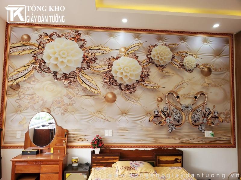 Mẫu tranh dán tường lãng mạn với họa tiết thiên nga sánh đôi